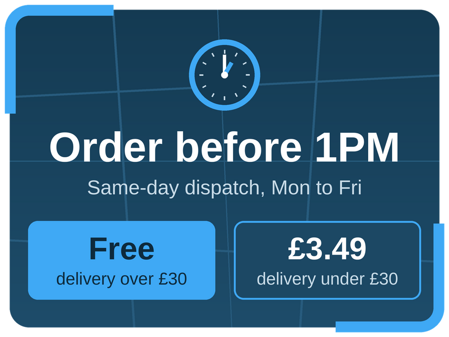 Order before 1PM Monday to Friday for same-day dispatch. Free delivery over £30, £3.49 under £30